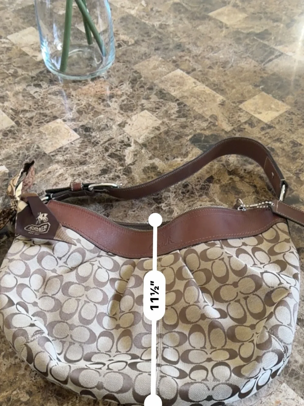 Coach Beige Signature Canvas Hobo with Brown Leather Trim